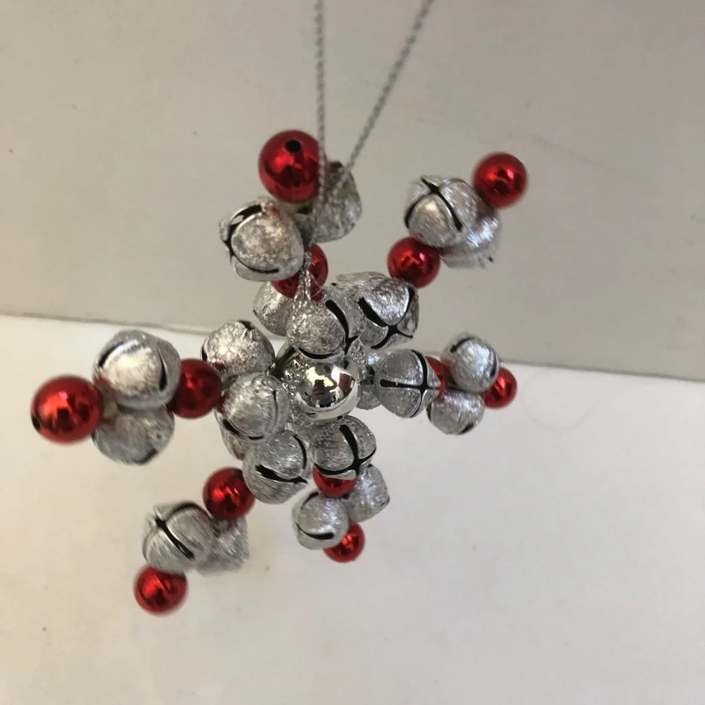 Jingle Bells Snowflake Vintage Christmas Ornament Star Silver Red Rings Hanging